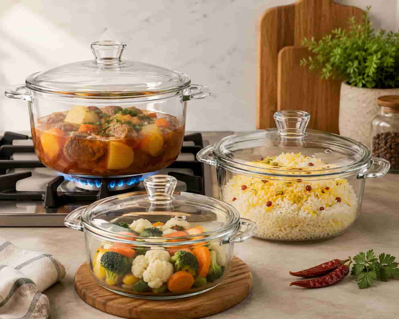 قابلمه شیشه ای شعله مستقیم با طراحی شفاف زیبا